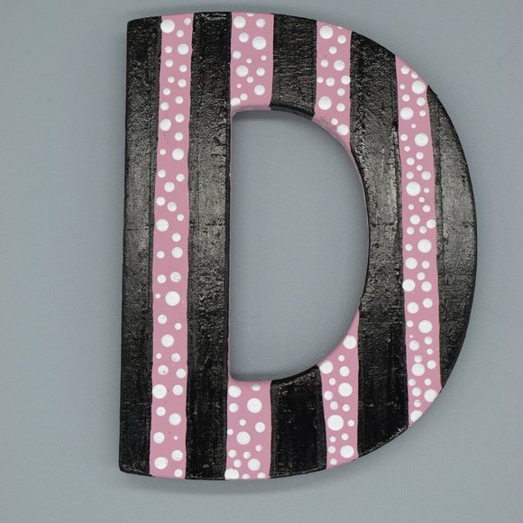 HAND CRAFTED Wood Magenet Letter D Hand Painted Pink With Black Stripes - Picture 2 of 8